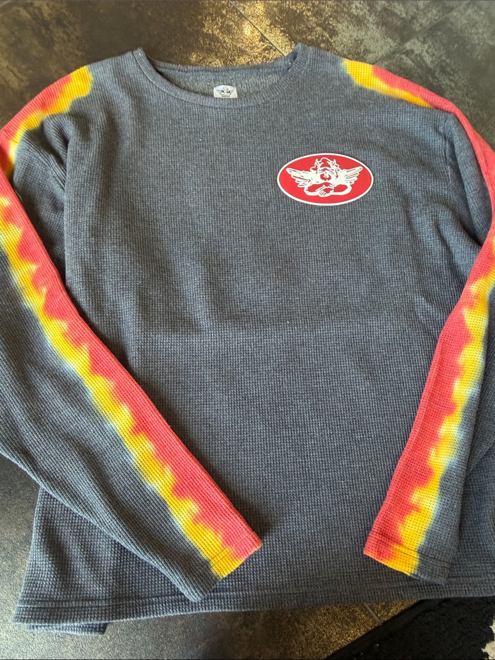Boys Lie Women's Slate Gray Crewneck Sweater with Pink and Yellow Sleeve Stripes